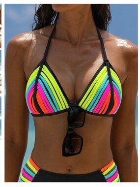 Popvil Neon Trim Halter Bikini Set Size M